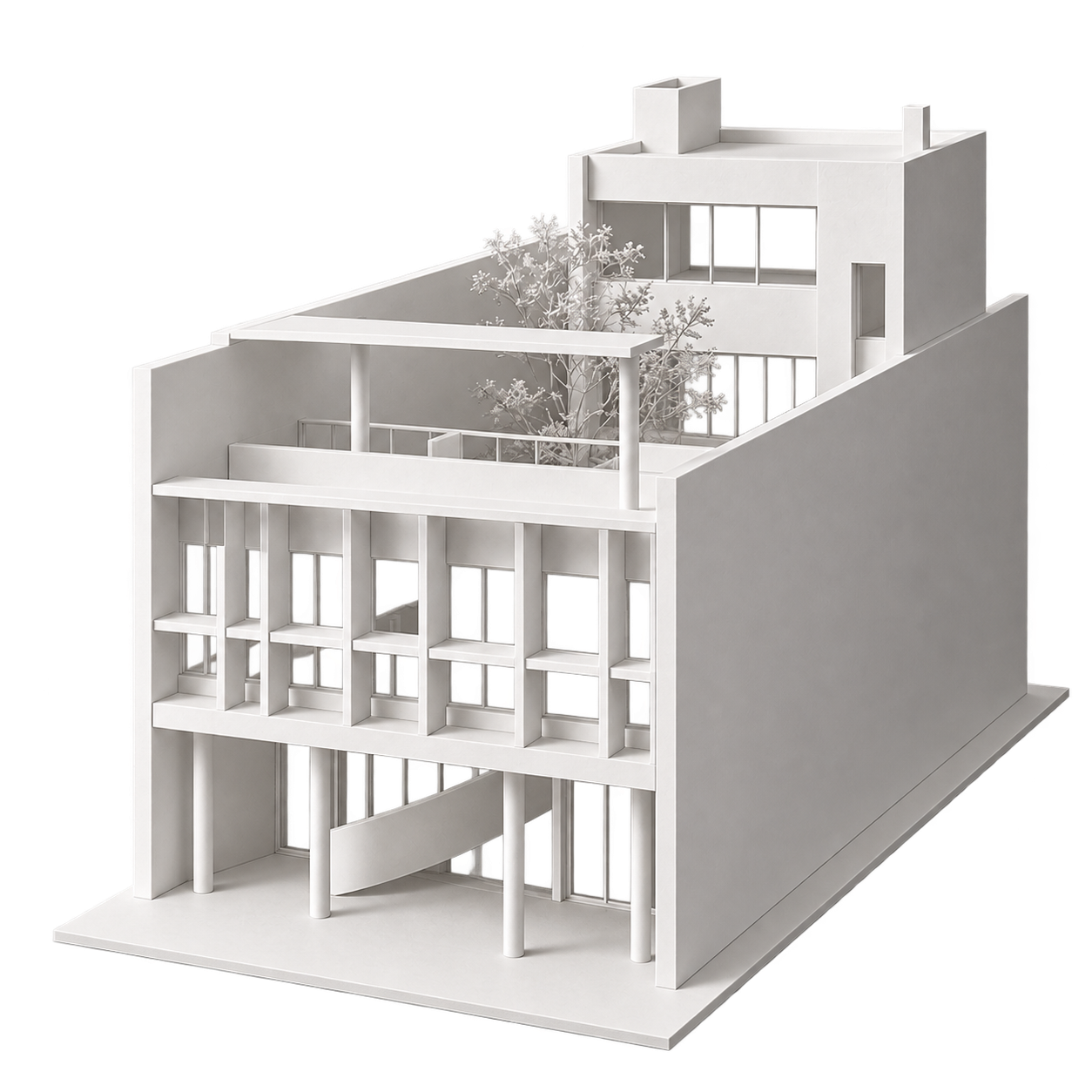 Render de maqueta blanca de Casa Curutchet